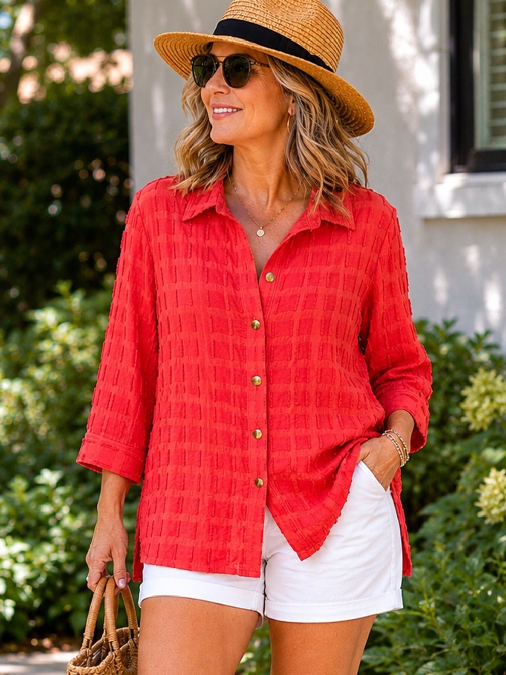 Chico’s Travelers Textured Button Front Shirt Jacket Size 3 (XL/16-18) Coral Red